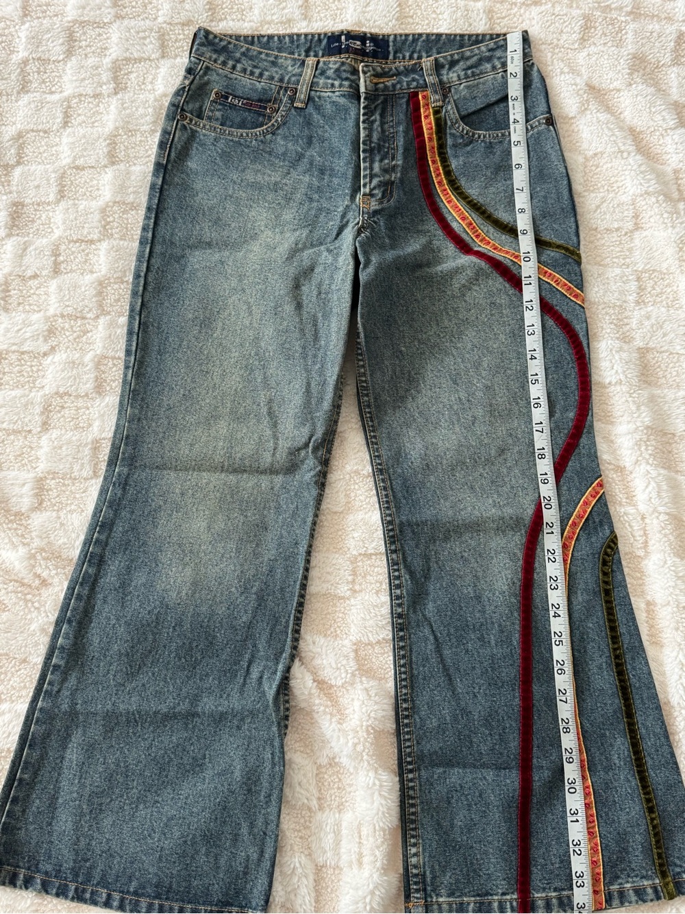 Vintage L.e.i Blue Flare Jeans with Multicolor Side Stripe Embroidery